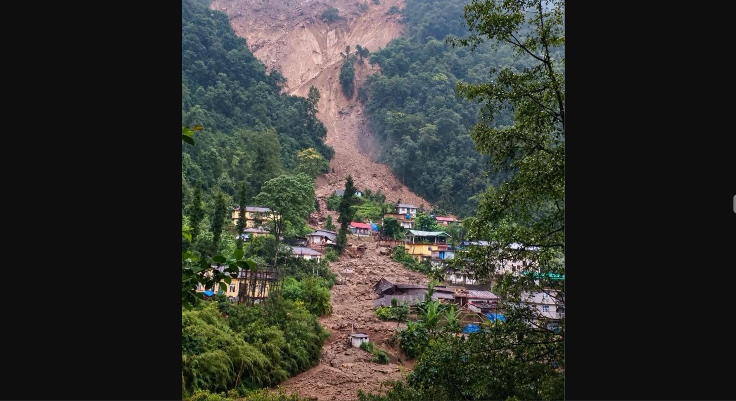 Aerial view of the debris scar above Rimbi village