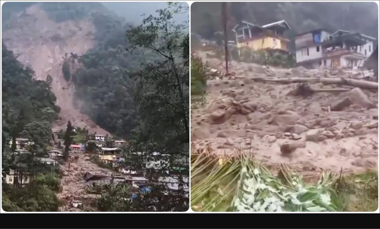 Landslide scar descending toward Rimbi village and close-up of debris