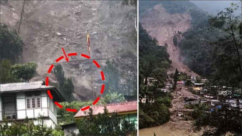Traditional house at the edge of the debris flow and the landslide track above Rimbi
