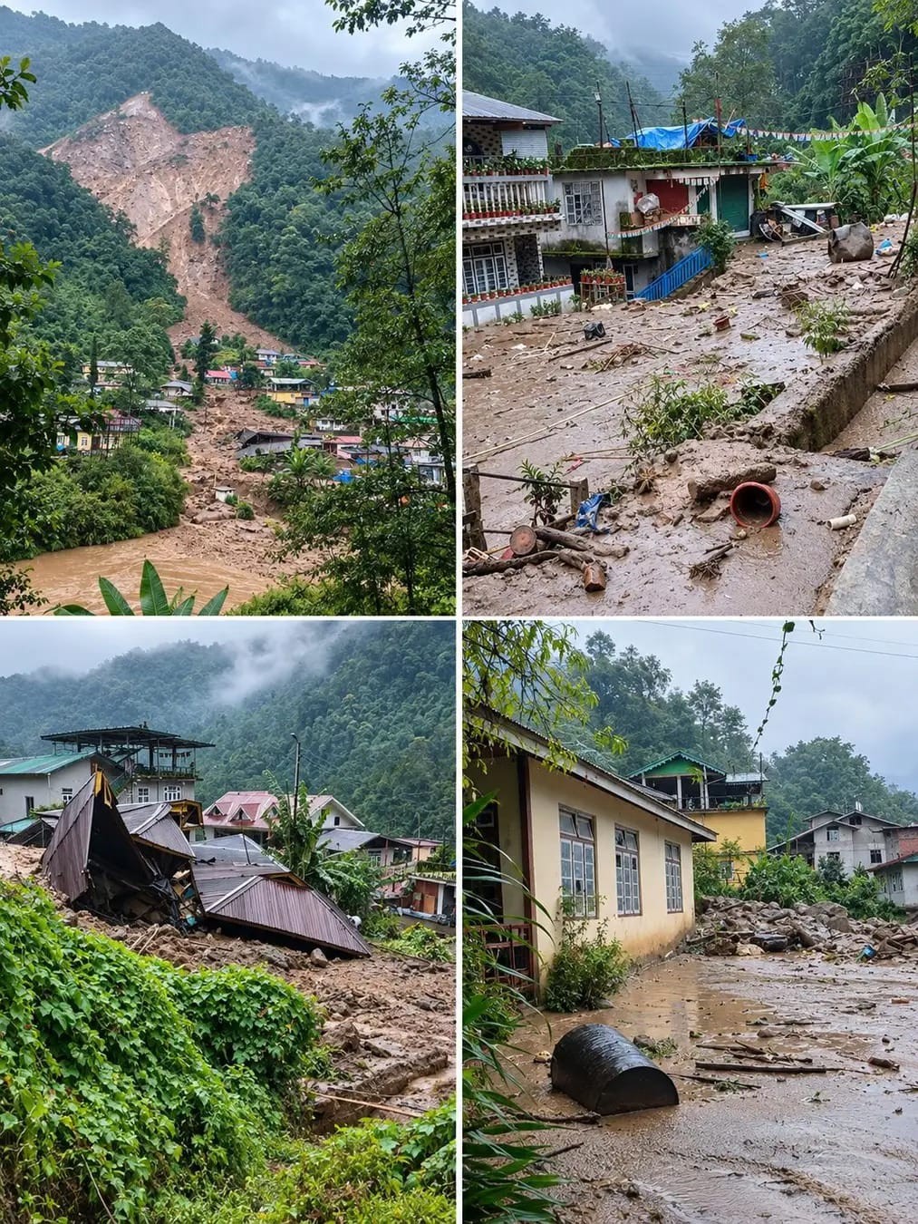 Ground-level views of debris-covered courtyards and a collapsed house in Rimbi